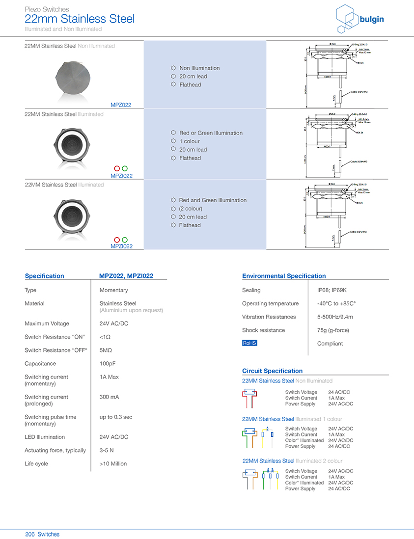 MPZ022不銹鋼Piezo開關規格尺寸 MPZ022不銹鋼Piezo開關規格尺寸